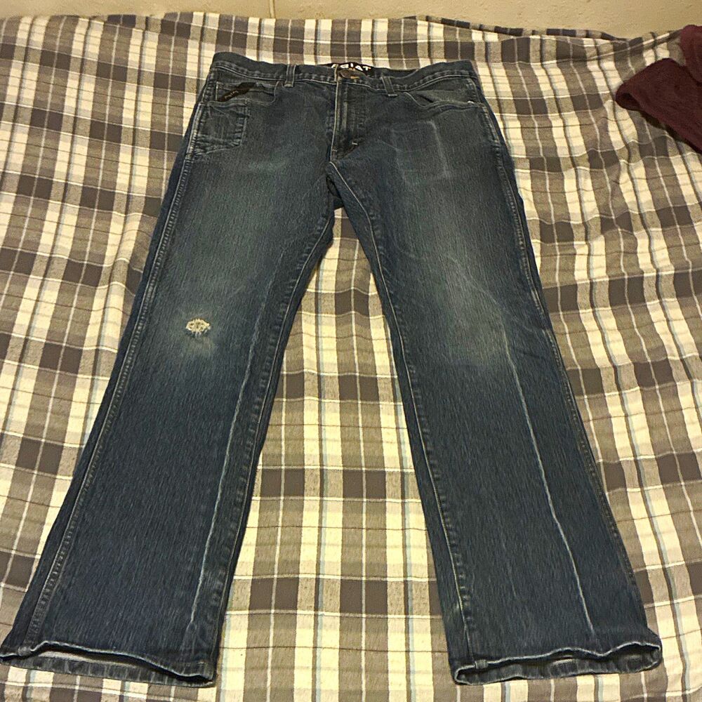 Ariat Rebar Men’s Blue Medium Wash Denim Jeans Slim Straight Mid Rise Stretch 34